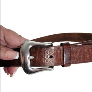 Fossil brown embossed leather belt size Small silver Buckle Western Boho Style